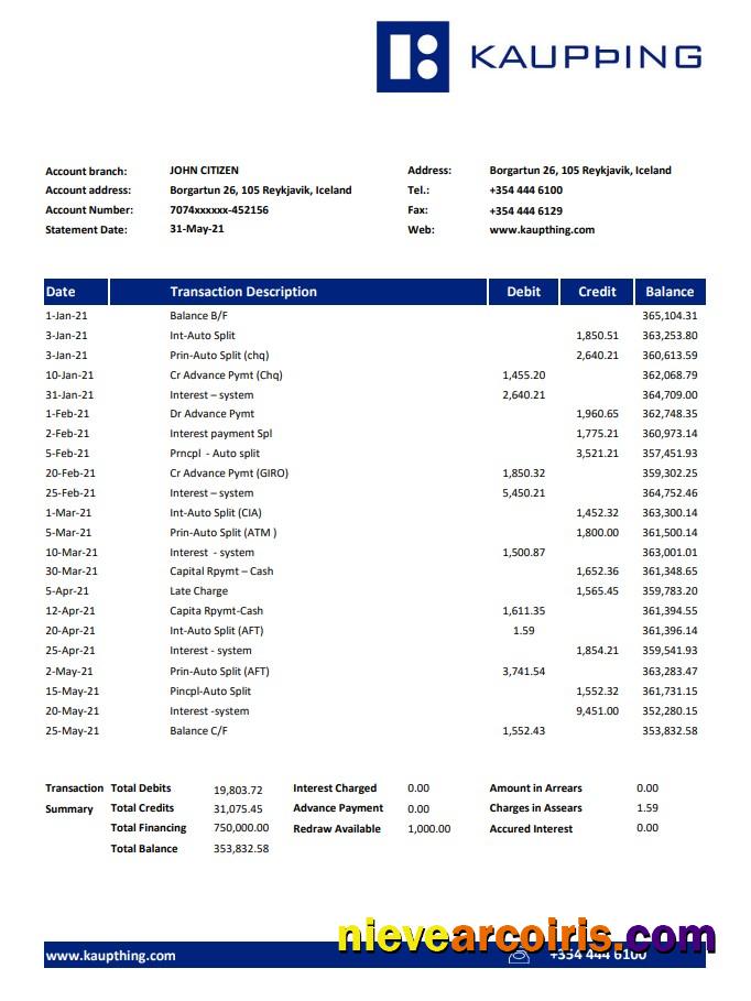 Iceland Kaupthing Bank statement easy to fill in Excel and PDF format